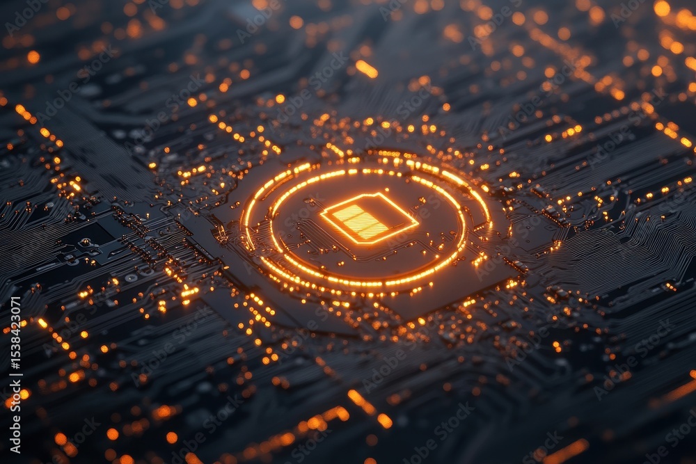 Poster digital lock icon glows amidst intricate circuit board design showcasing security technology and adv
