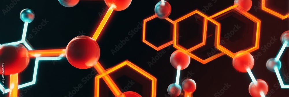 Poster Visual Representation of Atomic Habits in Neon Tech Style Showcasing Interconnected Molecules and Hexagonal Structures