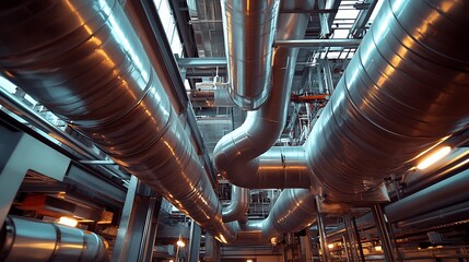 Industrial Piping System Interior with Metal Pipes and Lighting