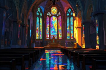 Beautiful stained glass windows illuminate empty church interior with colorful reflections at dawn