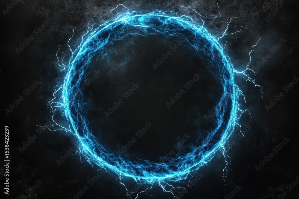 Poster electric blue lightning encircles a dark void, creating a glowing frame of energy and intensity in a