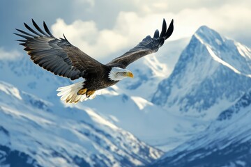 Majestic eagle soaring gracefully over snowcapped mountains under a cloudy sky highlighting the beauty of nature at high altitude