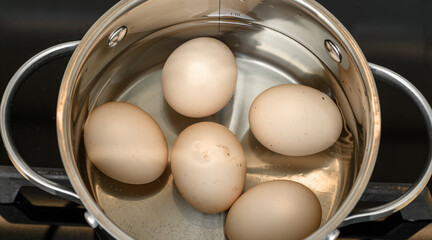5 eggs boiled in a pot, top view