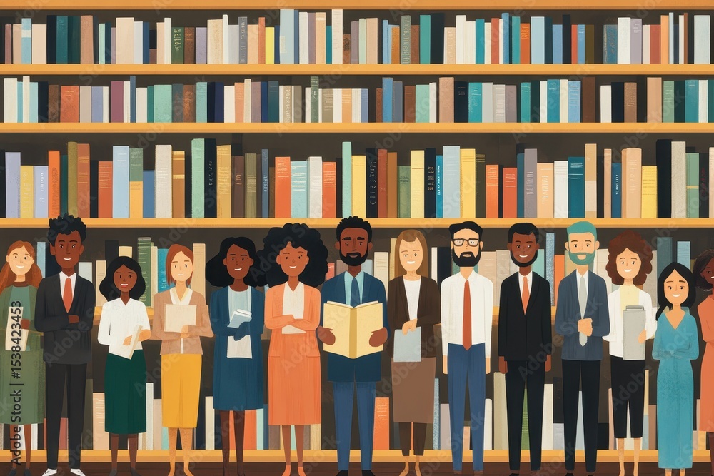 Aufkleber multiracial team collaborating in a modern workplace setting surrounded by bookshelves during a prof