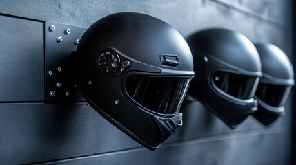 Fototapeta premium Three black motorcycle helmets on a dark gray wall