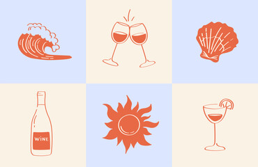 6 illustrations about Mediterranean food, wine, cocktails summer vacation in doodle sketch style. Set of blocks with seafood, wine glasses, wine bottle, sun, wave, cocktail retro beach holiday theme