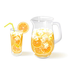 Orange Juice with Orange Pieces in a Glass Jug and Glass