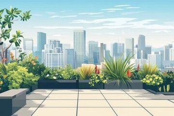 Fototapeta premium Urban rooftop garden overlooks city skyline filled with skyscrapers, greenery, and vibrant flowers during a clear day