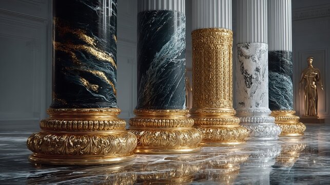 Golden and black marble pillars in luxury classicmodern style 3D illustration of column display with elegant background and polished texture