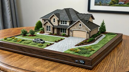 Detailed miniature model of a suburban house on display
