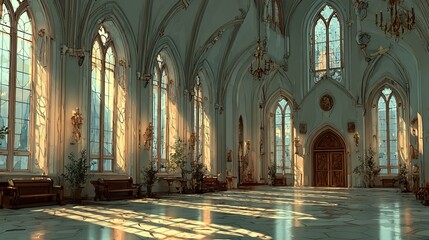 Magic castle hallway with marble floor shadows and secret door Old palace background for game design Vector illustration