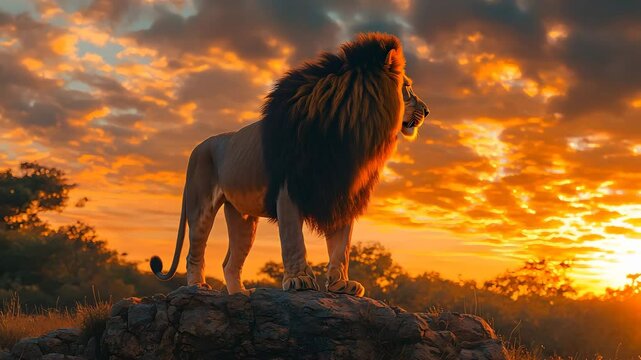 Majestic lion standing on a rocky cliff at sunset