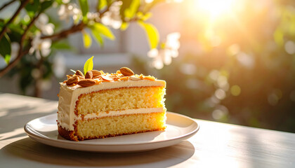 Sprinkled Cake Slice on White Plate - Outdoor Dining Setting