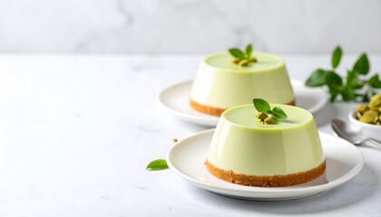 Two Round Desserts with Mint Garnish on White Surface
