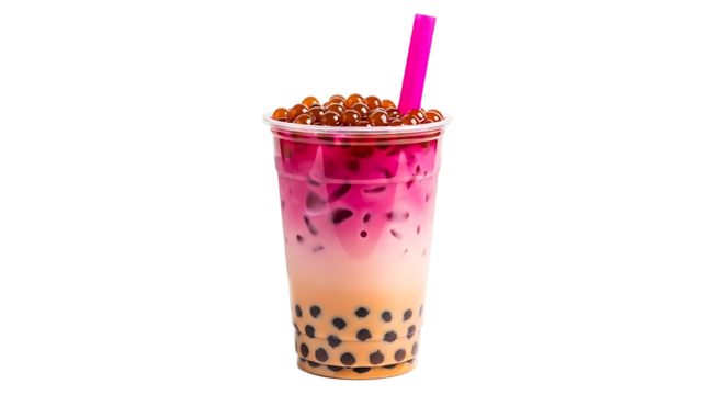Refreshing Boba Drink with Tapioca Pearls and Pink Straw