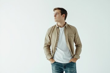 Fototapeta premium Caucasian man wearing casual outfit stands confidently in a bright, minimalistic setting with a neutral background during daytime