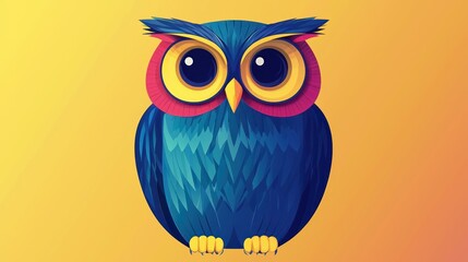 Colorful cartoon owl, sitting, vibrant background, design element