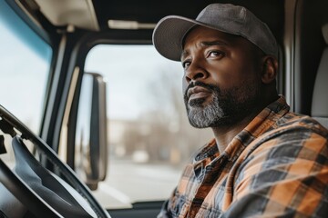 Mental health support for truck drivers promoting well-being and resilience during long hauls while showing a thoughtful driver in a truck cabin