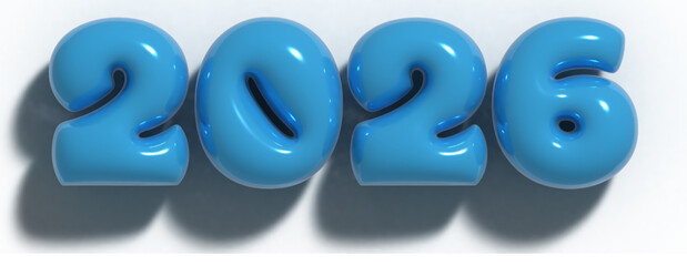 Happy New Year 2026 balloon bubble effect, 3D vector illustration isolated on transparent background, number 2026 in light blue inflatable letters