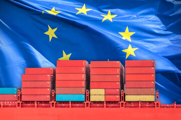 Concept of the US tariff trade war with cargo container ship in front of the European flag