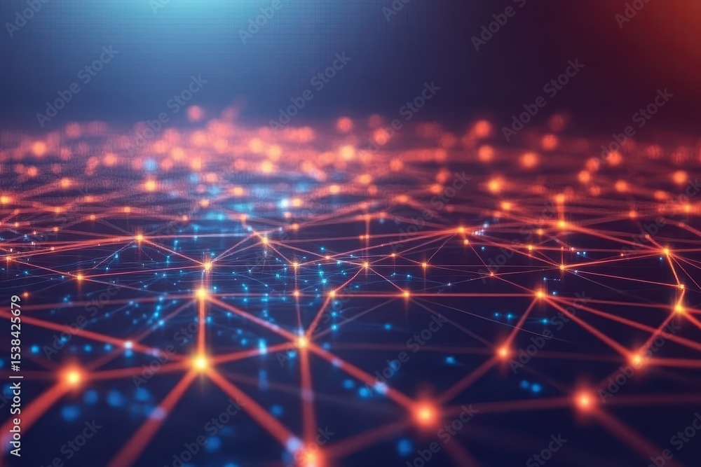 Poster futuristic technology background featuring a vibrant network of interconnected nodes and lines illum