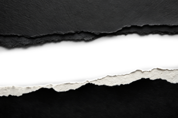 A diagonal tear in a sheet of dark gray paper, against a solid white  or transparent background