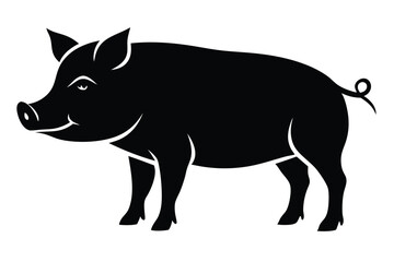 A bold black silhouette presents a stately pig with a curly tail and pointy ears