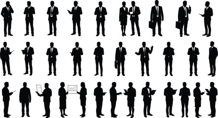 Businessman and businesswoman silhouette set, office team collection, professional corporate staff, people talking, standing pose, formal vector characters