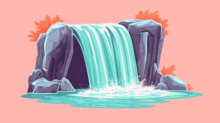Cartoon waterfall cascading over rocks, illustration