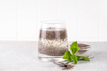 Chia seeds water, infused drink contains water, soaked chia seed, help for hydration, healthy...