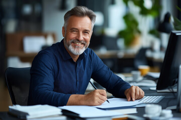 Fototapeta premium Accountant man reviewing financial statements and invoices for business tax preparation