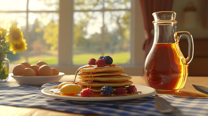 A delightful rustic breakfast spread with a stack of pancakes topped with berries, steaming tea, and fresh eggs, all set by a sunlit window.