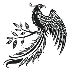 A stylized black phoenix perches elegantly on a branch with leaves and detailed wings