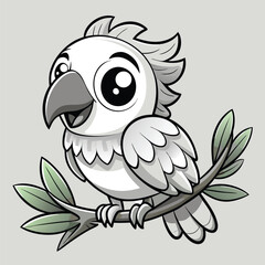 Cute White Cartoon Parrot Sitting on Tree Branch – Adorable Vector Bird Character with Big Eyes and Tropical Wildlife Style Illustration