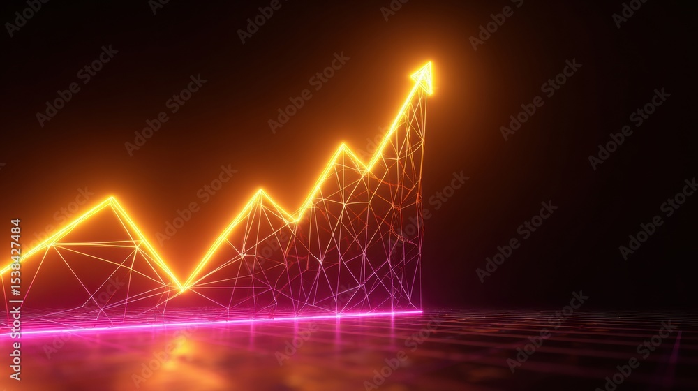 Aufkleber Wireframe Graph Grows Upward With Neon Glow Against Dark Background Showcasing Rising Trend and Progress in Financial Data Analysis