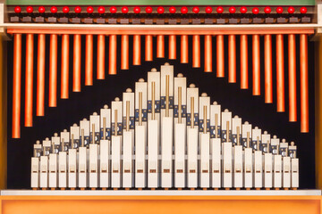 Close up of an ancient art deco pipe organ