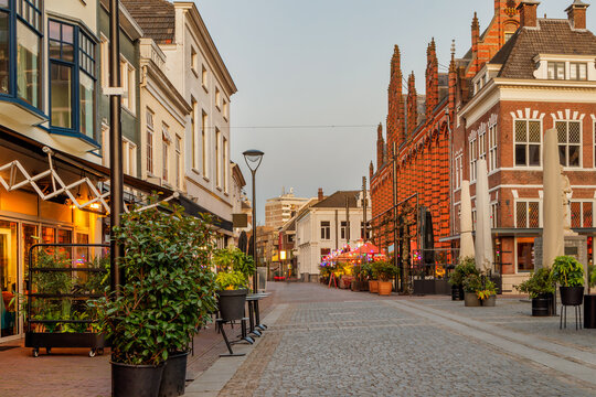 Pubs and restaurants on the small city square Jansplaats in Arnhem, The Netherlands - Powered by Adobe