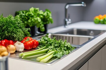 Fresh vegetables prepared in a modern kitchen pantry sink area featuring vibrant colors and organized layout for meal prep and cooking