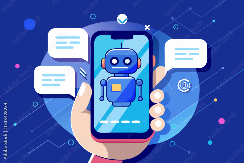 Poster hand holding phone with chatbot on screen and message bubbles around