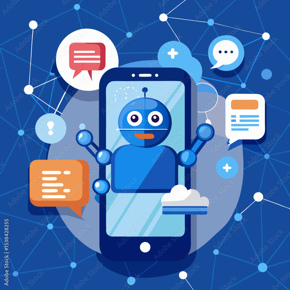 Poster chatbot on mobile phone with speech bubbles and network connection illustration