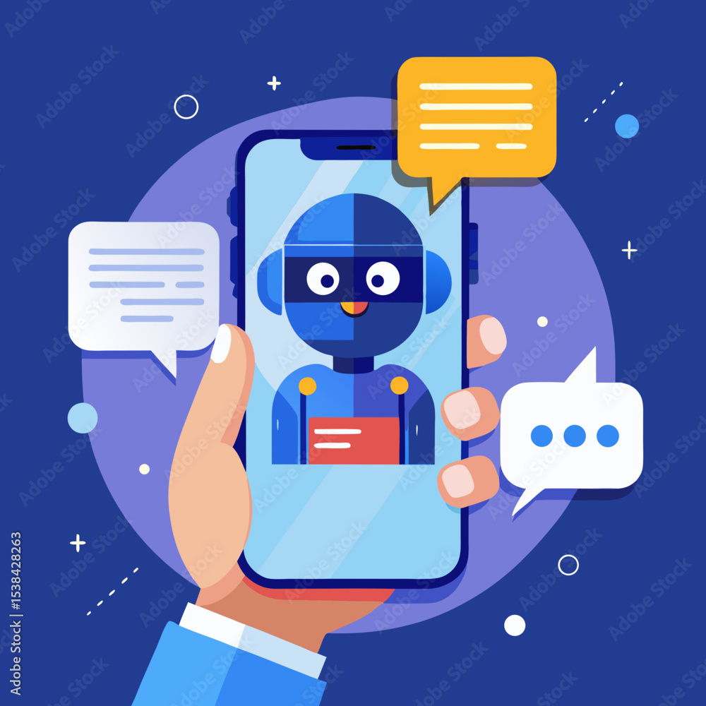 Poster chatbot on smartphone in hand with speech bubbles ai assistant concept