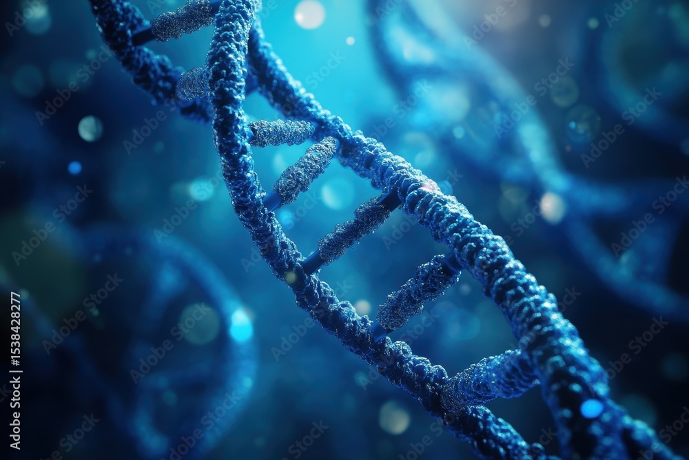 Poster intricate visualization of molecular structure showcasing dna strands in a blue lit background