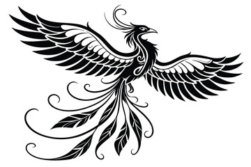 Stylized phoenix soars with outstretched wings, displaying intricate feathered details in black