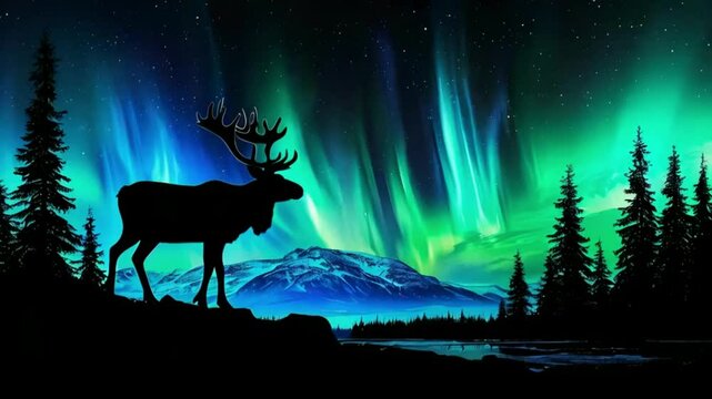Mystical Reindeer with Aurora Borealis and Boreal Landscape on a Black Background.
