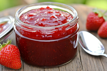 Strawberry jam in a glass jar garnished with fresh berries