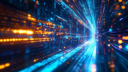 Futuristic high-speed light trails in cyberspace representing digital data transmission, advanced information technology infrastructure, and fast network connectivity in a virtual data center environm
