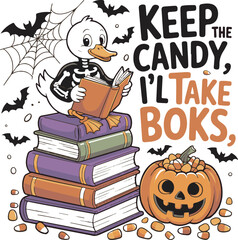 Halloween Cartoon Duck Skeleton Costume Reading Book Stack Candy Corn Bats Pumpkin Books Illustration