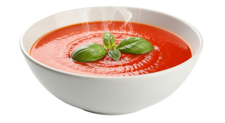Tomato Soup in Bowl with Basil Garnish, Hot and Steaming