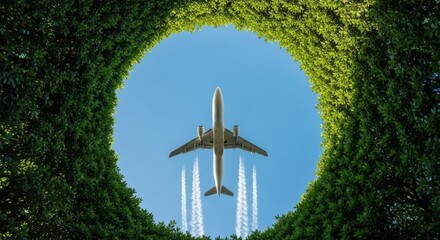 Passenger airplane flying through green leaf tunnel against blue sky for eco friendly travel