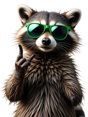 Fototapeta premium Funny raccoon in green sunglasses showing a rock gesture isolated on white background